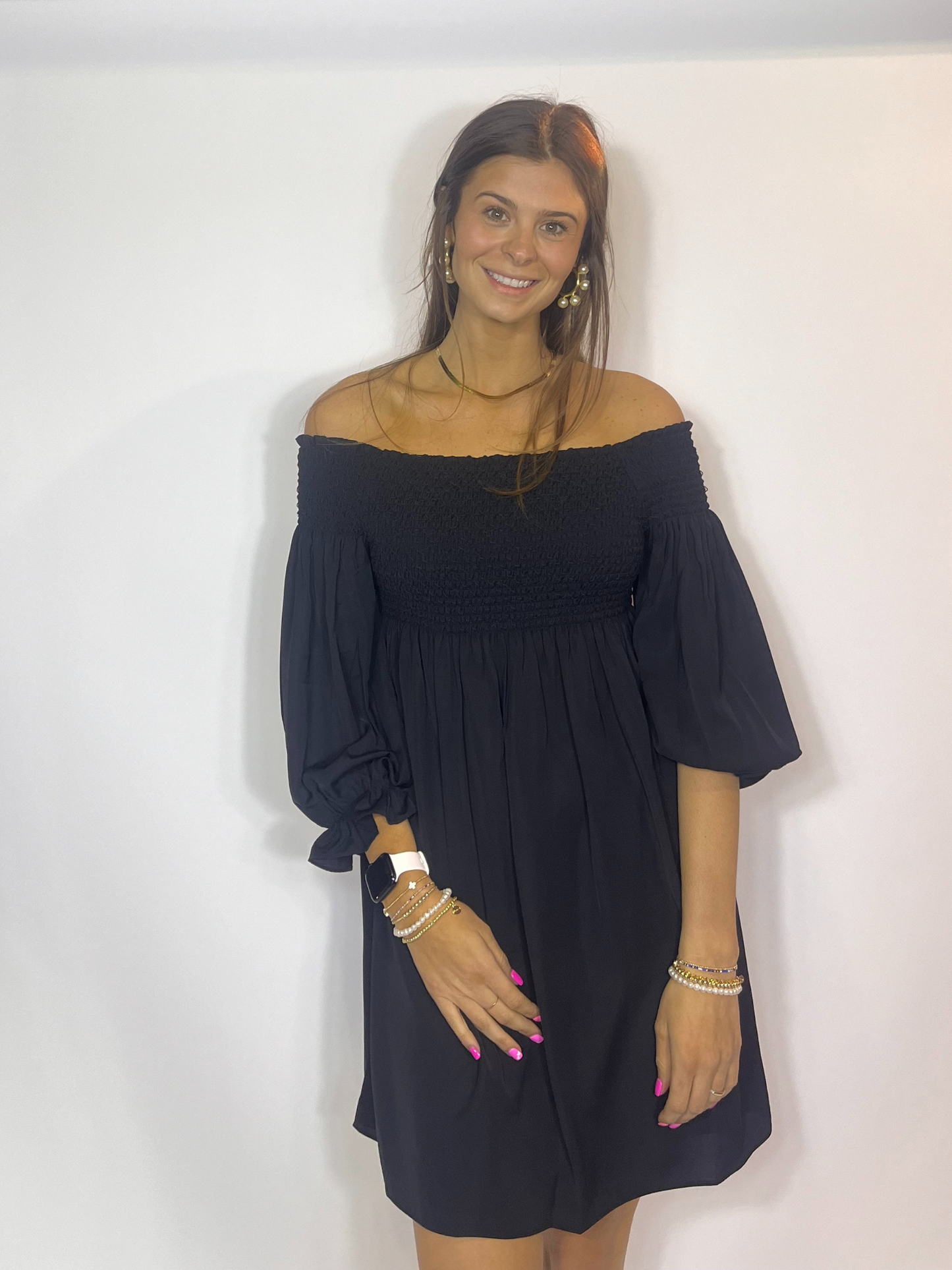 Smock off Shoulder Dress Black