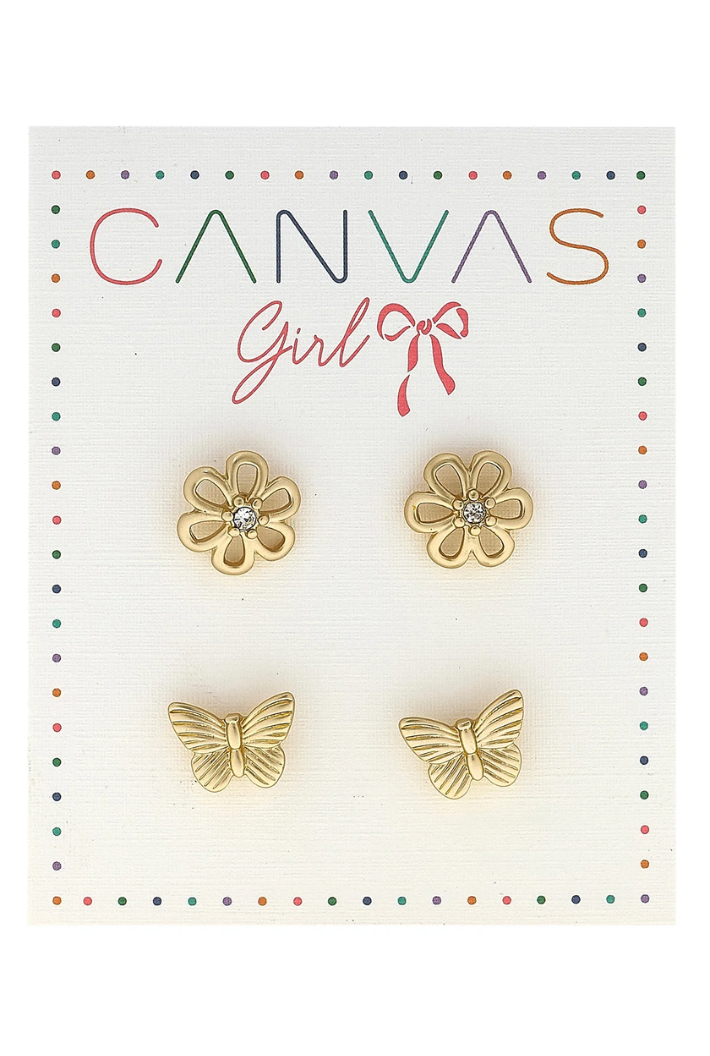 Cleo Open Flower & Butterfly Children's Stud Earrings (Set of 2)