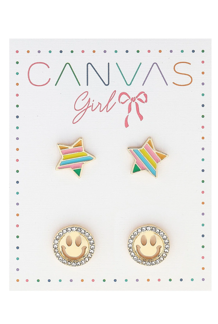Izzy Rainbow Star & Smiley Face Children's Earrings Set