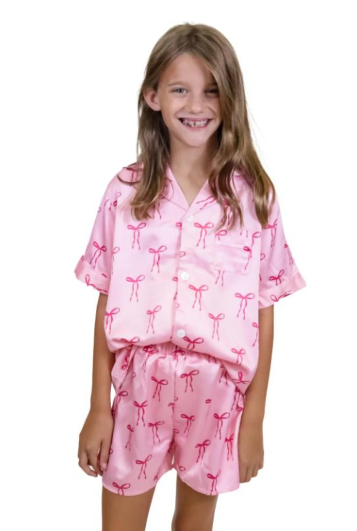 Kids Bow Satin Pajama Short Set