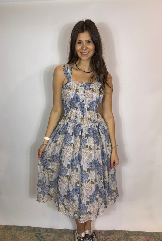 Blue Peony Smocked Midi