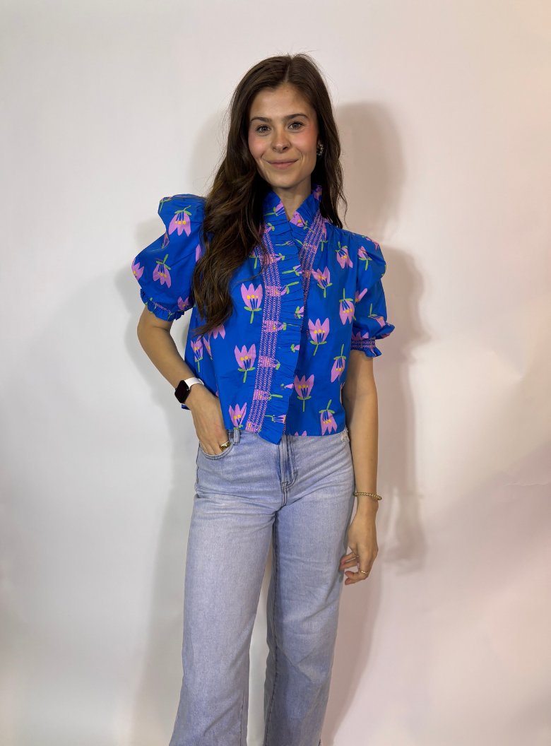 Blue Ruffle Puff Top