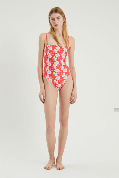 Flower Print Swimsuit with Straight Neckline and Straps