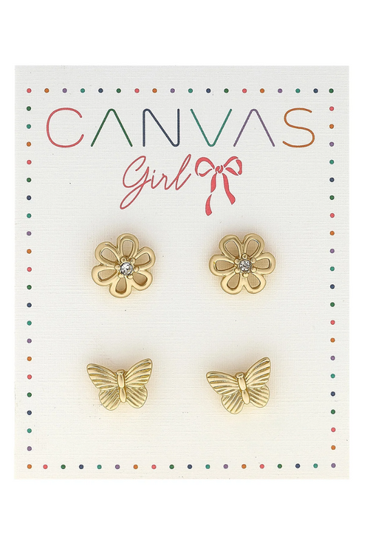 Cleo Open Flower & Butterfly Children's Stud Earrings (Set of 2)