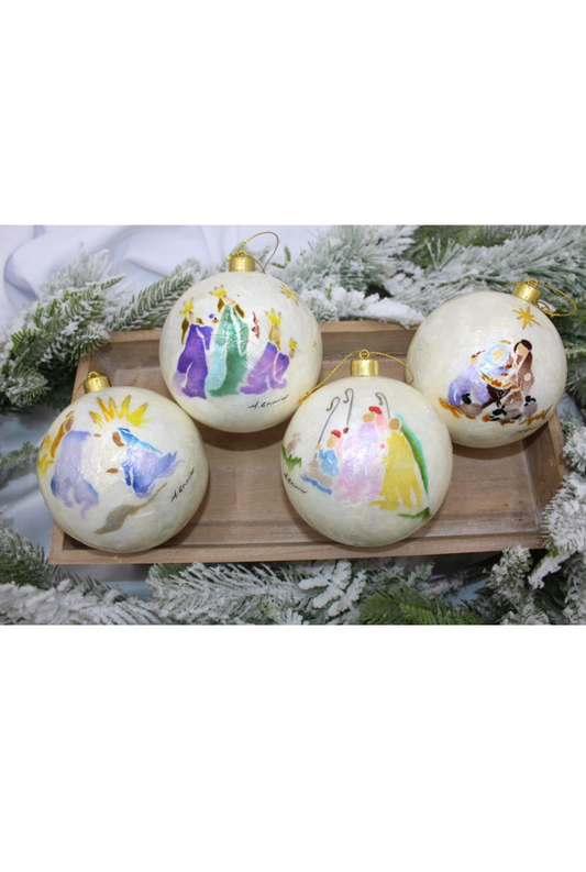 4 Handpainted Capiz Ball Ornament Scence