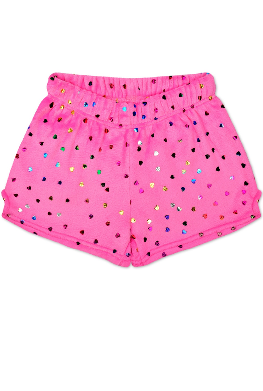 Bright Pink Foil Heart Plush Shorts
