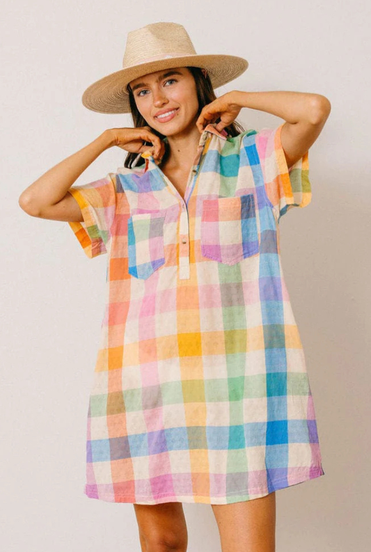 Rainbow Plaid Getaway Mini Dress