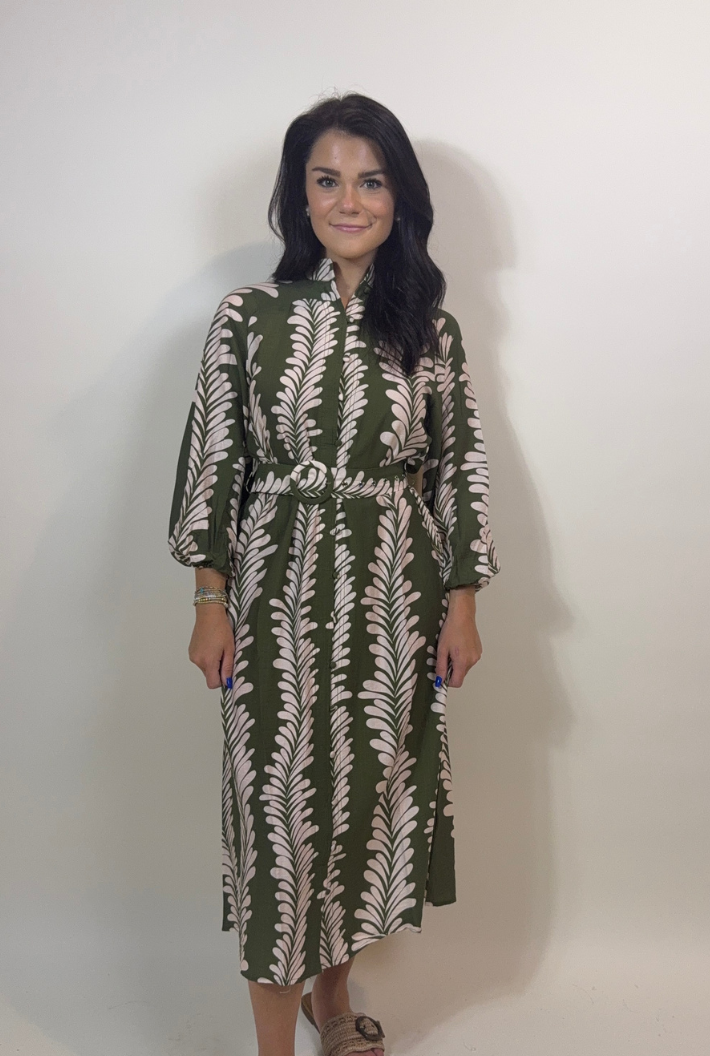 Leaf Cascade Belted Maxi