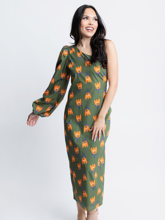 One Shoulder Green Floral Dress